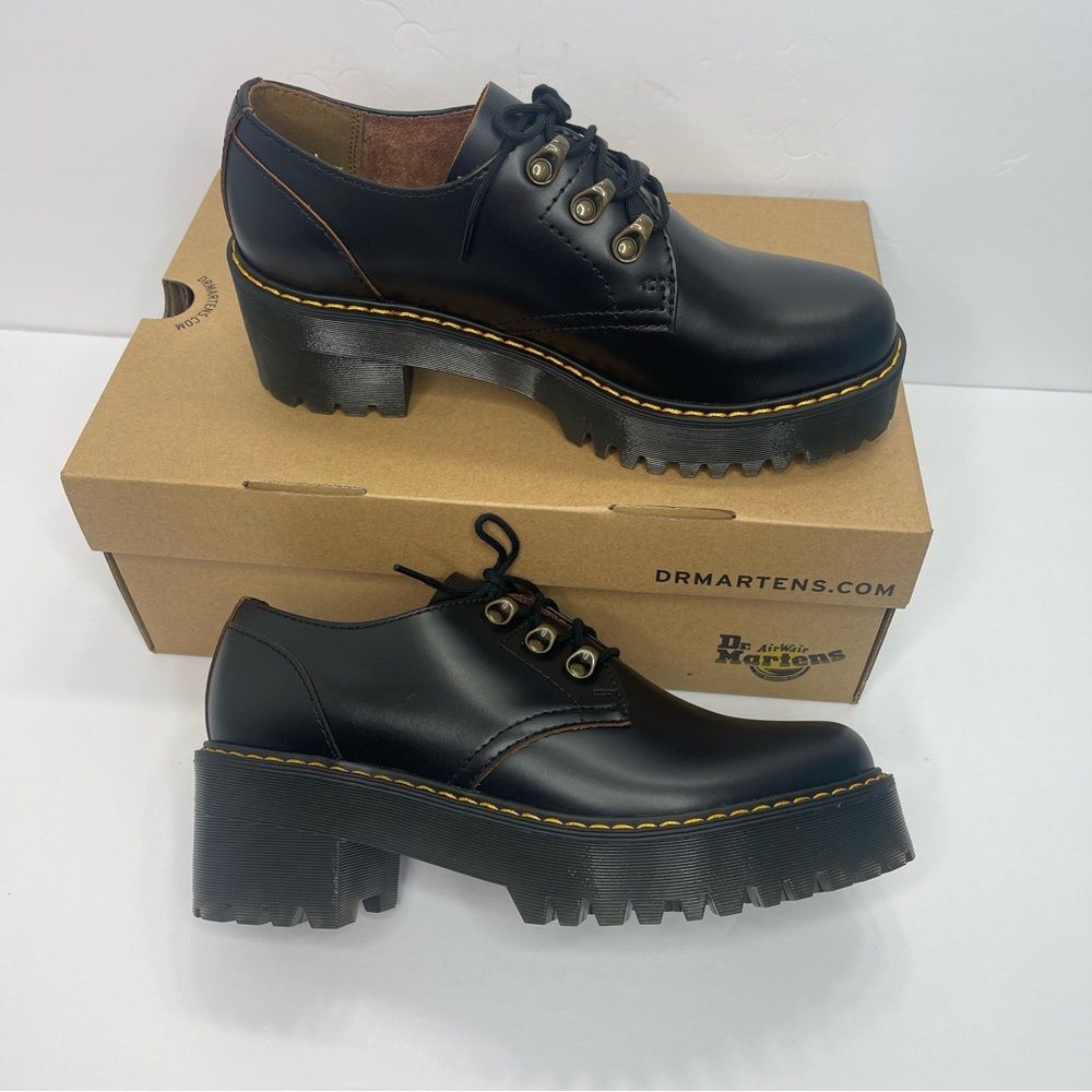 Dr. MARTENS Leona Lo Size 9 Vintage Smooth Leather Lug Sole Heeled Shoe, Black - Picture 9 of 13